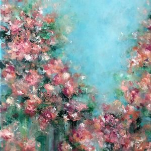 Original painting of coral and pink flowers climbing toward a bright turquoise sky
