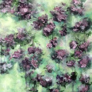 Original painting of plum and violet roses against soft green