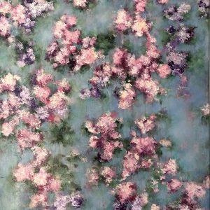 Original painting of pink and lavender blossoms scattered across a blue-gray background