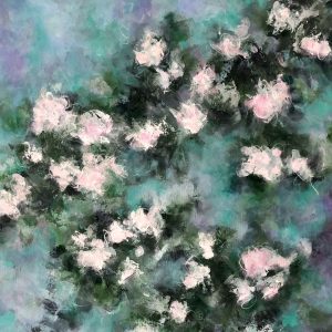 Original painting of pale pink roses glowing against deep teal and green shadows