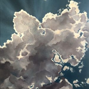 Original painting of towering silver and gray clouds edged with light against a deep blue-teal sky